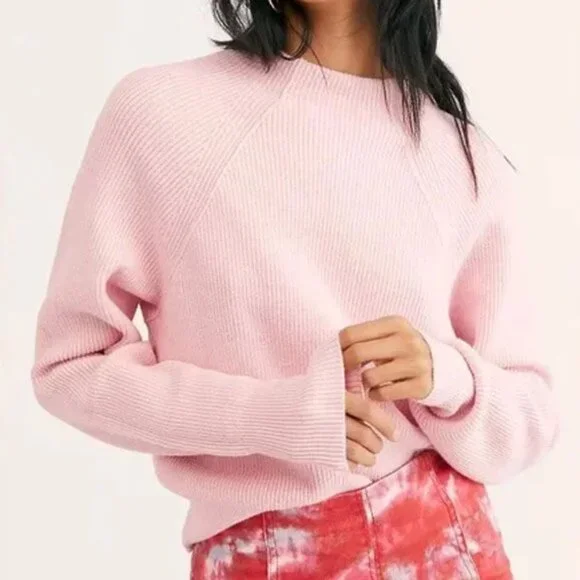 Free People Baby Pink Too Good Pullover Sweater S Mock Neck Raglan Long Sleeves - Picture 4 of 16